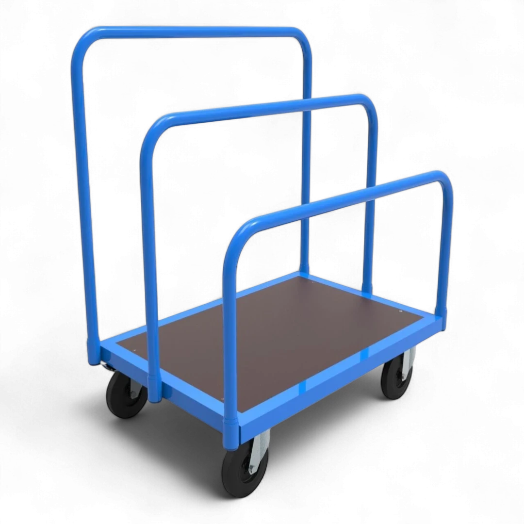 Stabiler Plattenwagen zum sicheren Transport von Holzplatten, Gipskarton oder Blechtafeln in Werkstatt und auf der Baustelle.